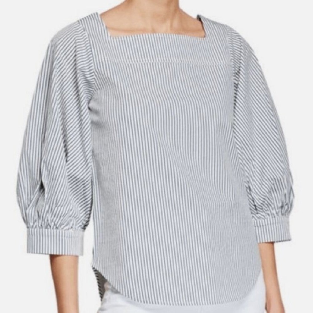 CAARA Striped Puff Sleeve Blouse‎ Womens Small Navy White Square Neck NWOT